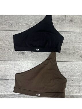 SET One-Shoulder Sports Bra Duo in Black & Brown